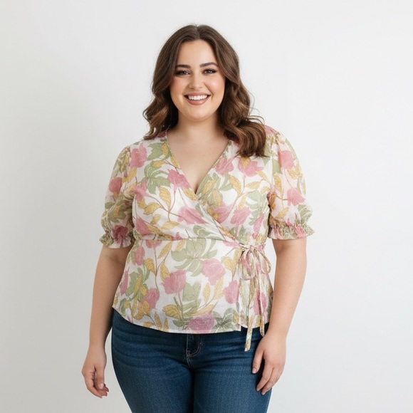 Harve Benard Tops - Harve Benard Pink and Green Summer Floral‎ Blouse Plus Size 1X